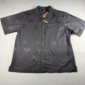 Haggar Mens Large Silk Camp Shirt Black Bird of Paradise Jacquard Short Sleeve